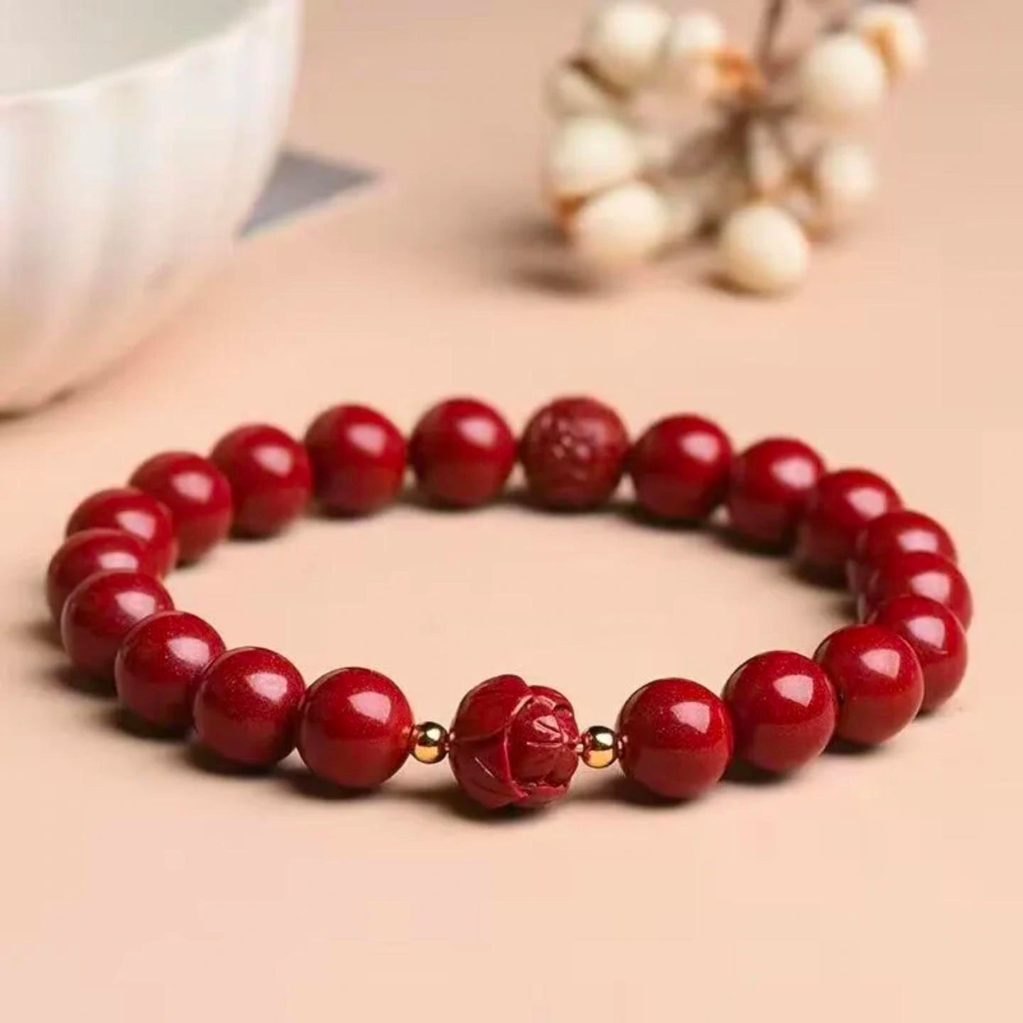 Natural Cinnabar Lotus Bead Bracelet Luck and Protection Jewelry BUDDHASOUL
