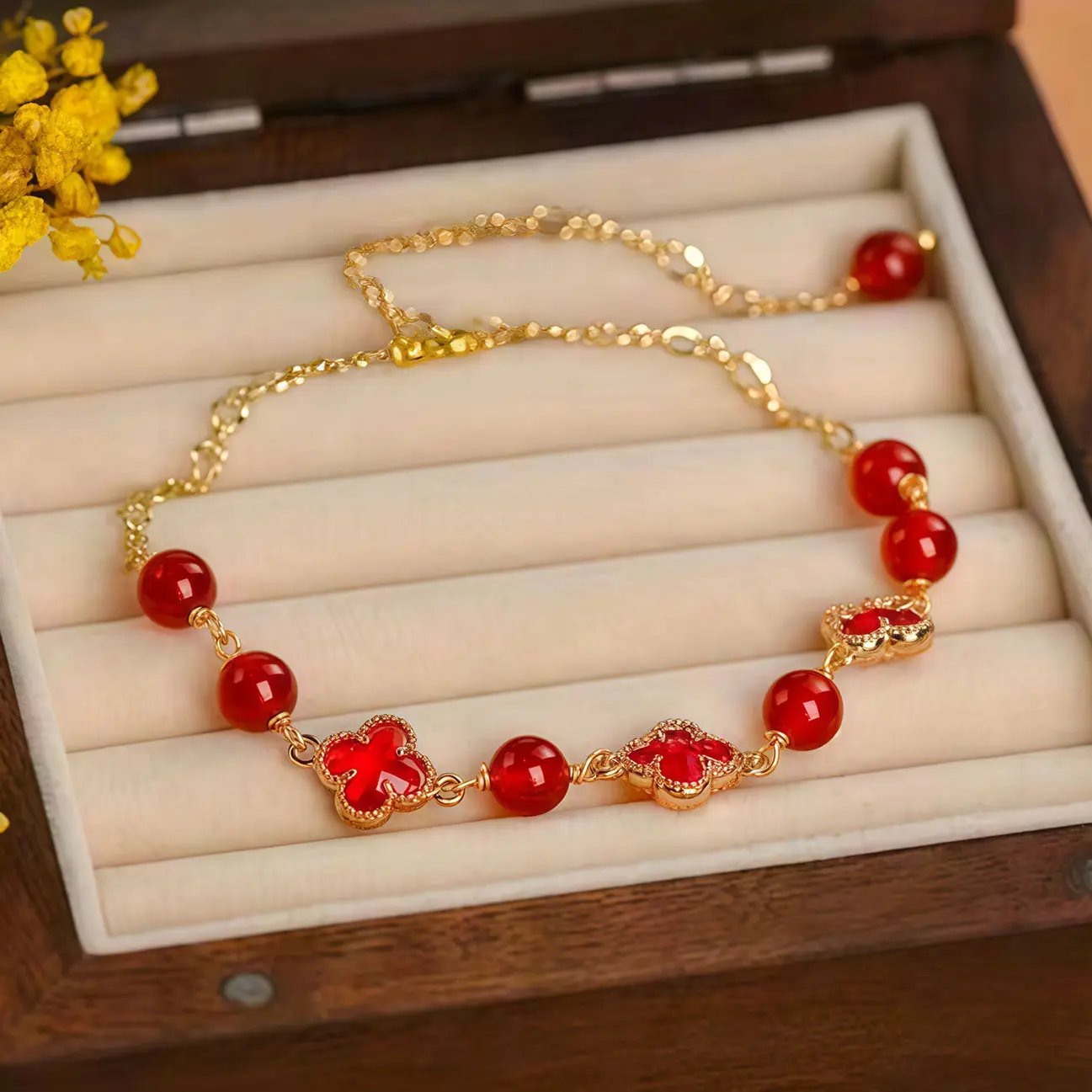 Silk Road Red Four Leaf Clover Crystal Bracelet for Luck BuddhaSoul