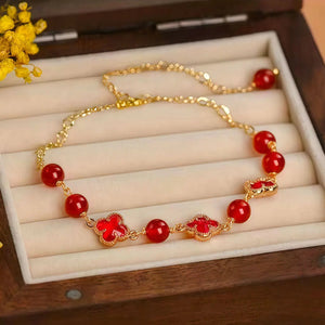 Silk Road Red Four Leaf Clover Crystal Bracelet for Luck BuddhaSoul
