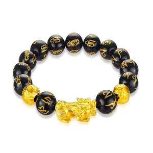 Wealth-Attracting Silk Road Pixiu Bracelet with Mantra Obsidian BuddhaSoul