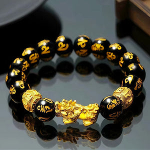 Wealth-Attracting Silk Road Pixiu Bracelet with Mantra Obsidian BuddhaSoul