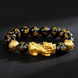 Wealth-Attracting Silk Road Pixiu Bracelet with Mantra Obsidian BuddhaSoul