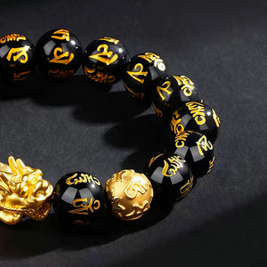 Wealth-Attracting Silk Road Pixiu Bracelet with Mantra Obsidian BuddhaSoul