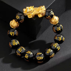 Wealth-Attracting Silk Road Pixiu Bracelet with Mantra Obsidian BuddhaSoul