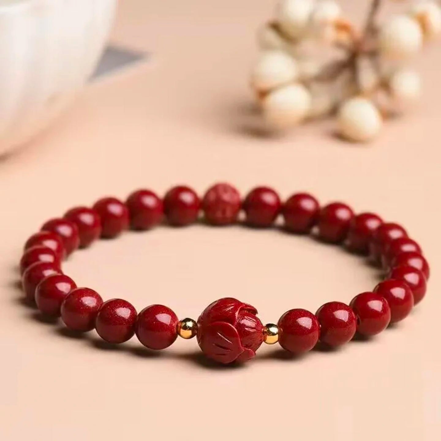 Natural Cinnabar Lotus Bead Bracelet Luck and Protection Jewelry BuddhaSoul